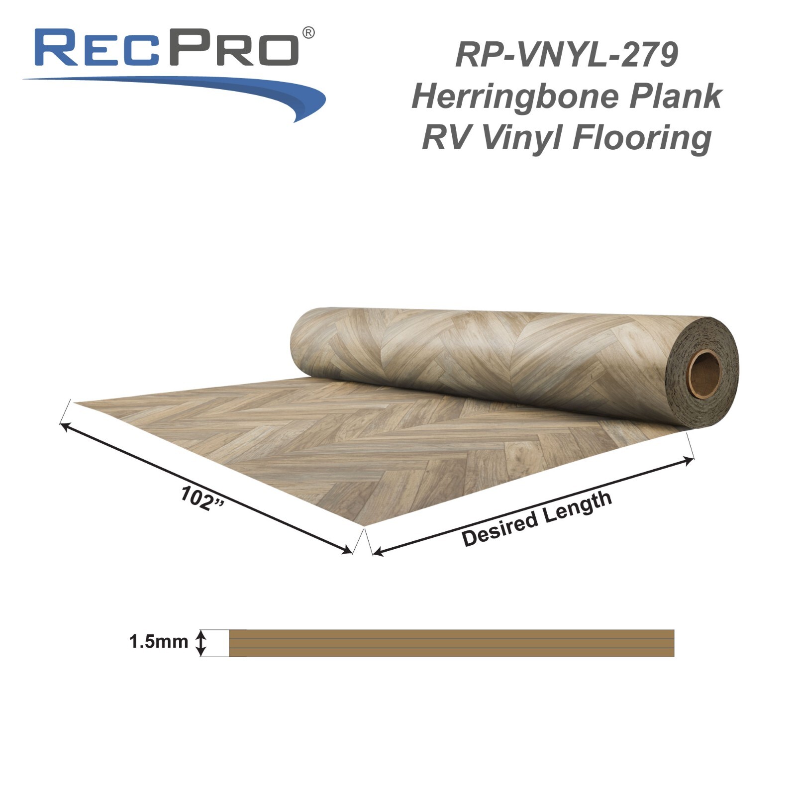 RecPro RV Herringbone Vinyl Wood-Style Flooring | 8.5′ Wide x 1.5mm Thick
