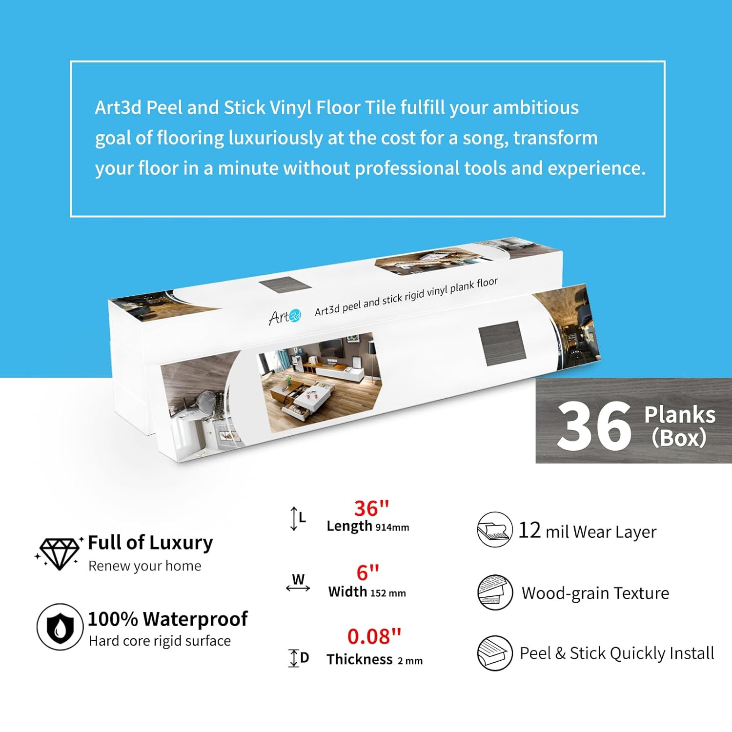 Peel and Stick Floor Tile Vinyl Wood Plank 36-Pack 54 Sq.Ft, Light Grey, Rigid S