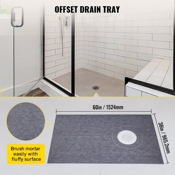 Pre-Formed Shower Tray 38x60in 4in Offset Drain 2 Expandable Curbs Trowel