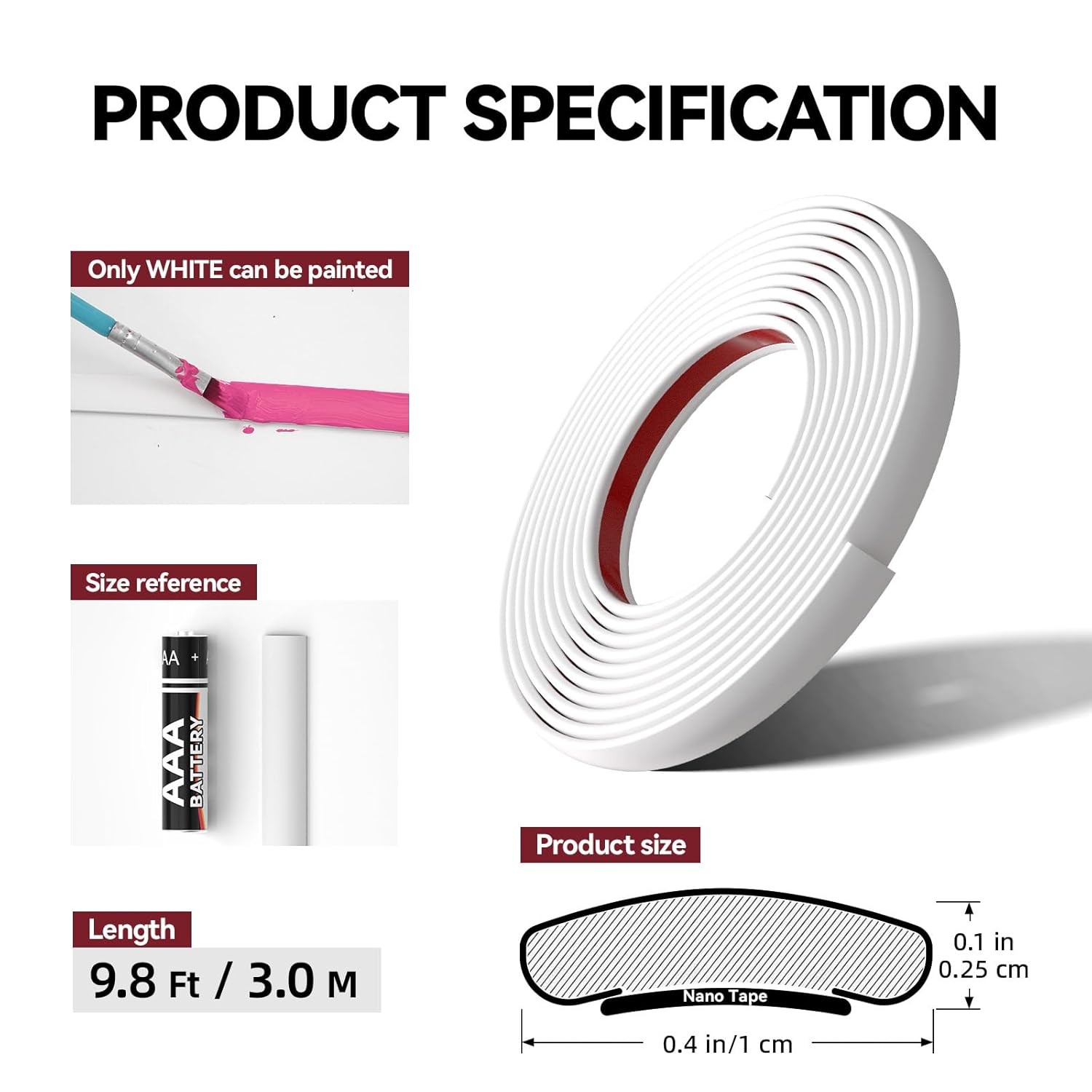 Peel and Stick Wall Molding Trim White Paintable Self Adhesive Flexible 9.8Ft