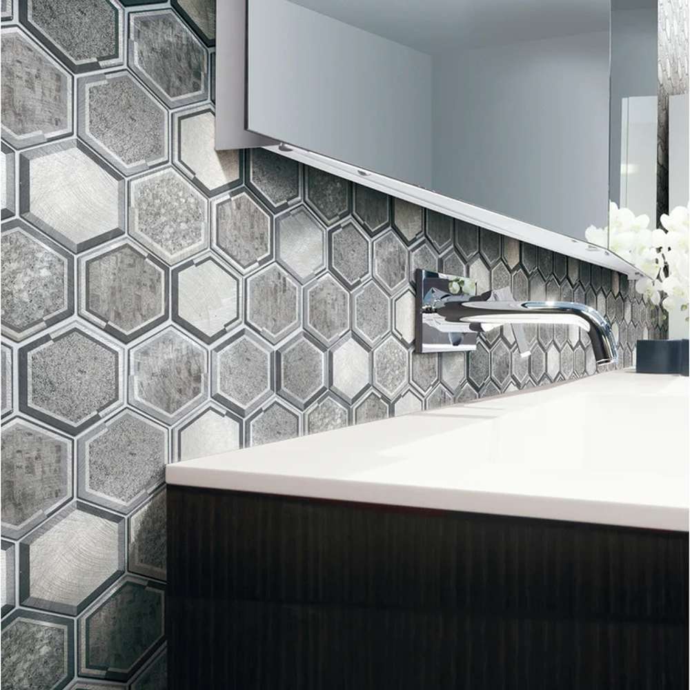 Gray Aluminum Antique Metallic Metal 2.5″ Hexagon Mosaic Tile Kitchen Backsplash