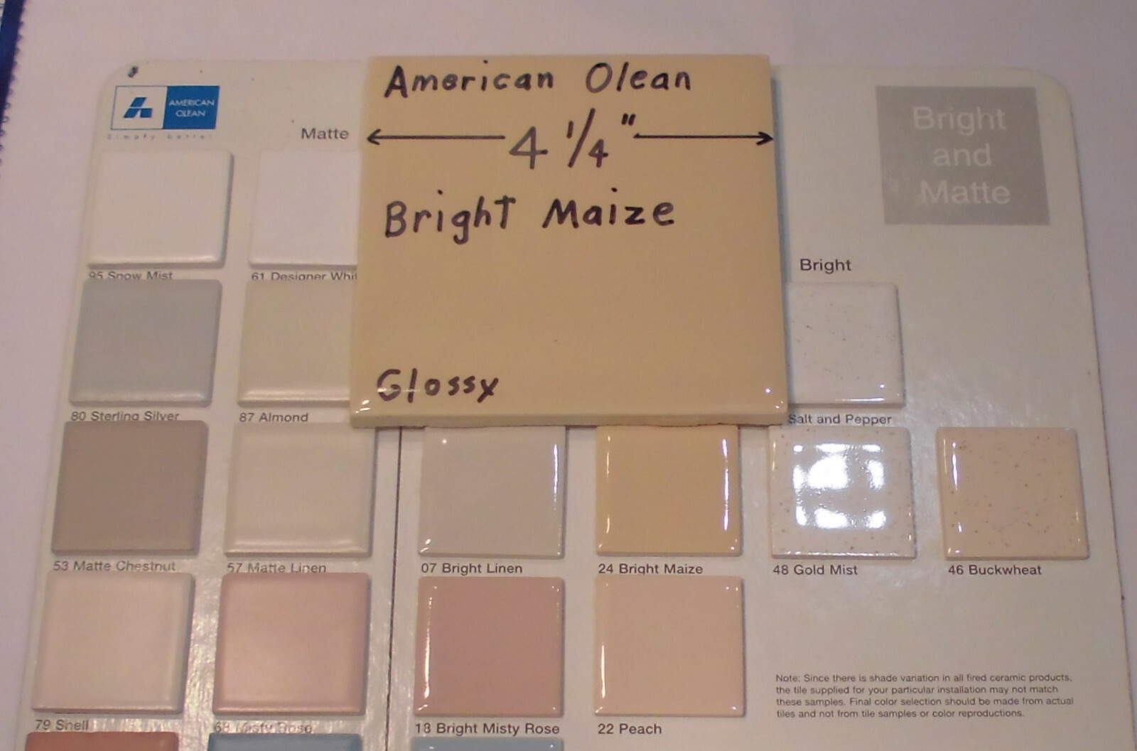 1 pc. *Maize* Glossy Ceramic Tile #24 by American Olean 4-1/4″ ; a yellow-brown