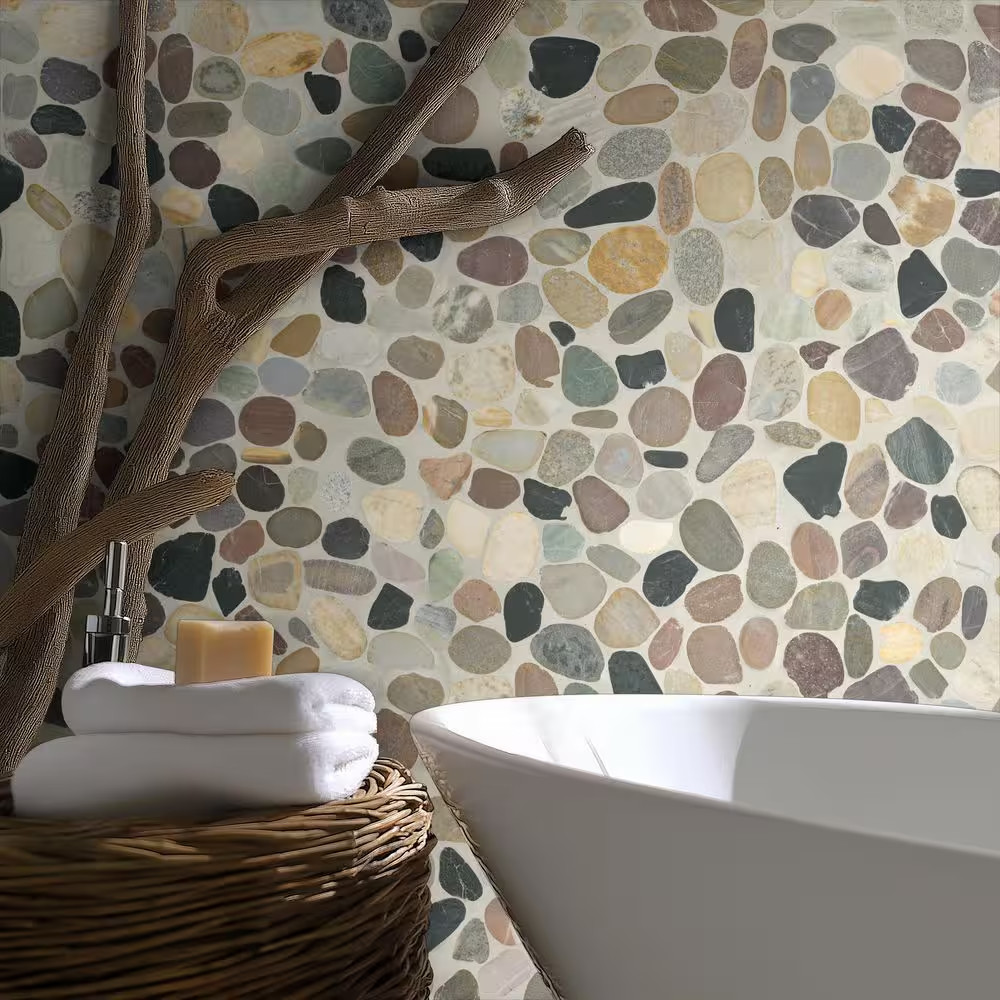 Mix River Rock 13 In. X 13 In. X 0.38 In. Tumbled Quartzite Mesh-Mounted Mosaic