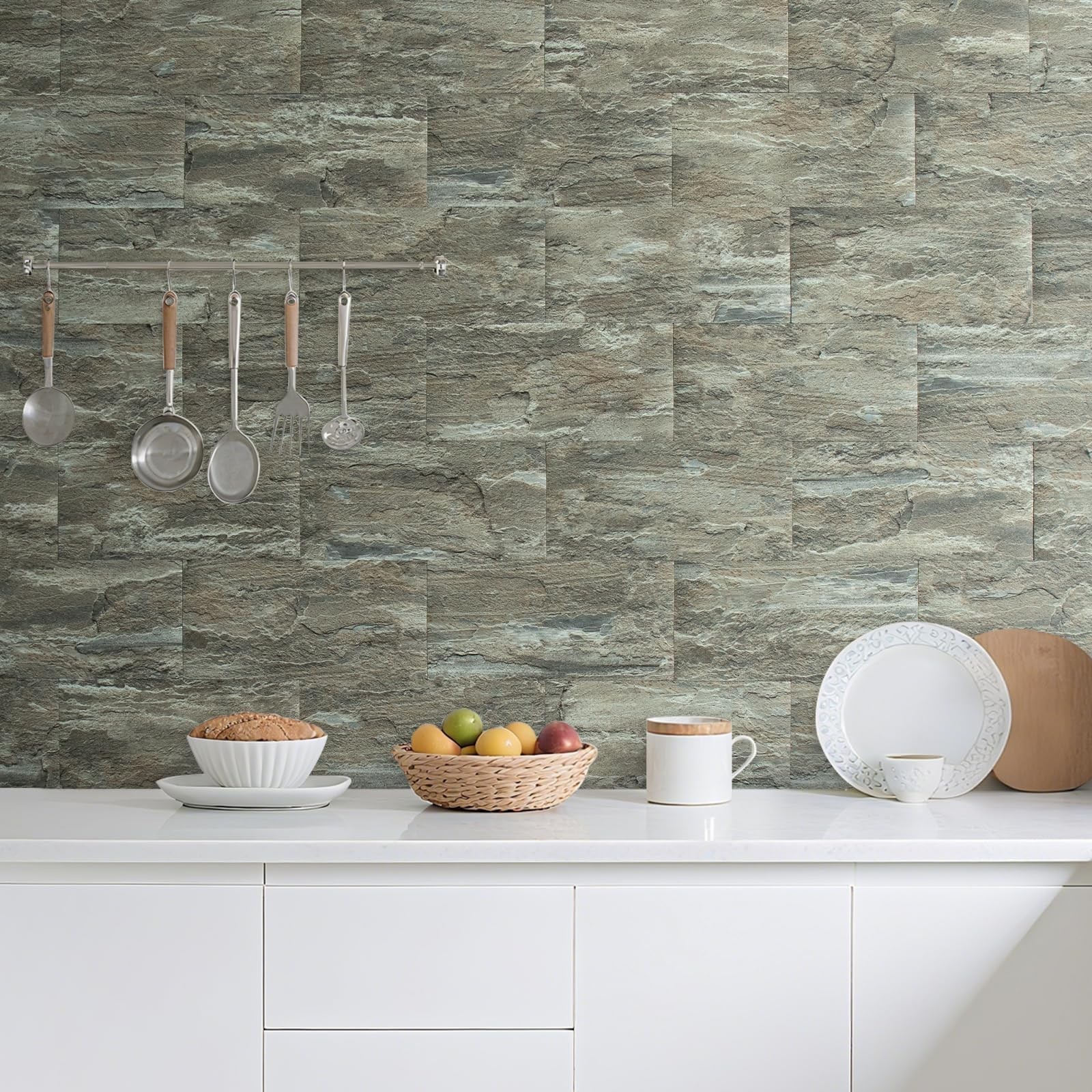 20-Piece Apache Brown Rock Peel and Stick Backsplash Wall Tiles, 6″ x 12″ PVC…