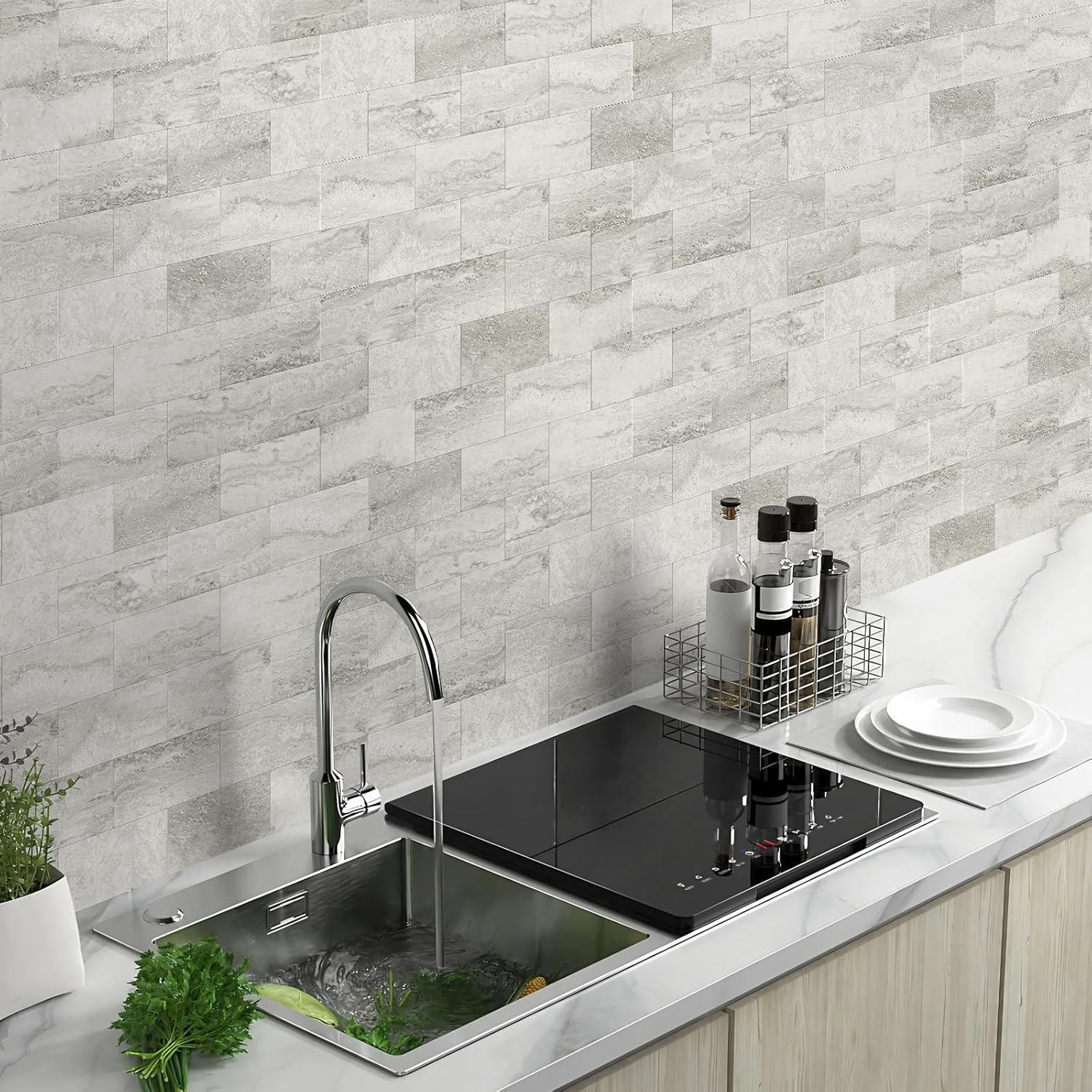 100-Piece Matt Beige Mixed Grey Slate Peel and Stick Backsplash Seamless Tile…