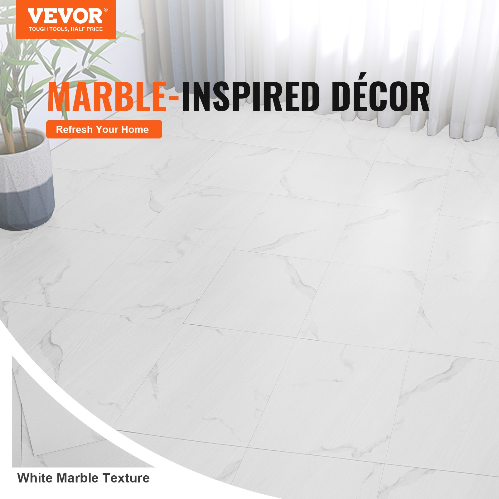 VEVOR 12” x 12” Self Adhesive Vinyl Floor Tiles 50 PCS 1.5mm Thick White Marble