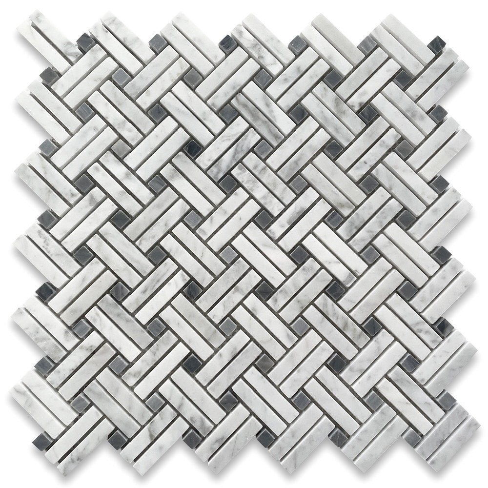 C697XP Carrara White Diagonal Basket Weave Gray dots Marble Mosaic Polished