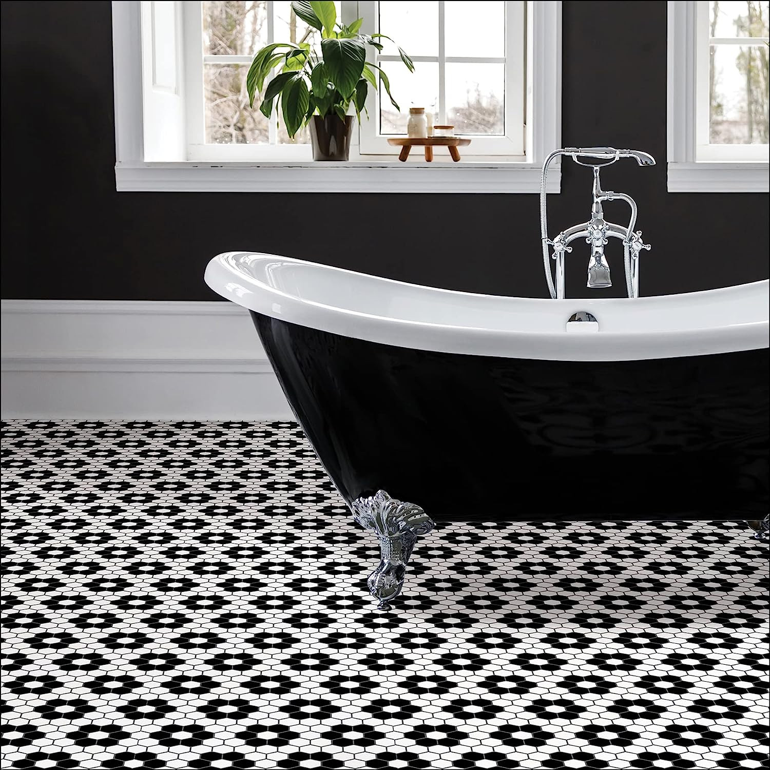 Black White Peel Stick Floor Tiles 12×12 Geometric Floral Vinyl 10 Pack