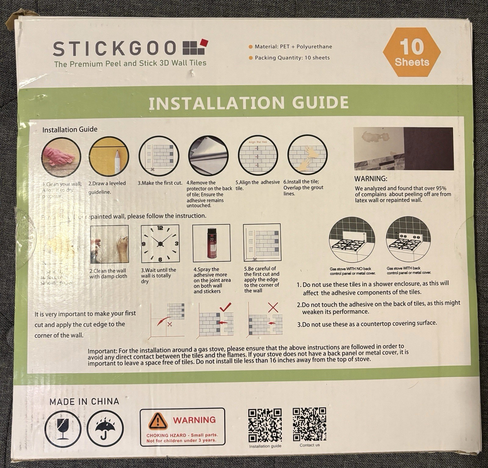 New STICKGOO Premium Peel & Stick 3D Wall Tile Panels 10 Sheets White Gray Grout