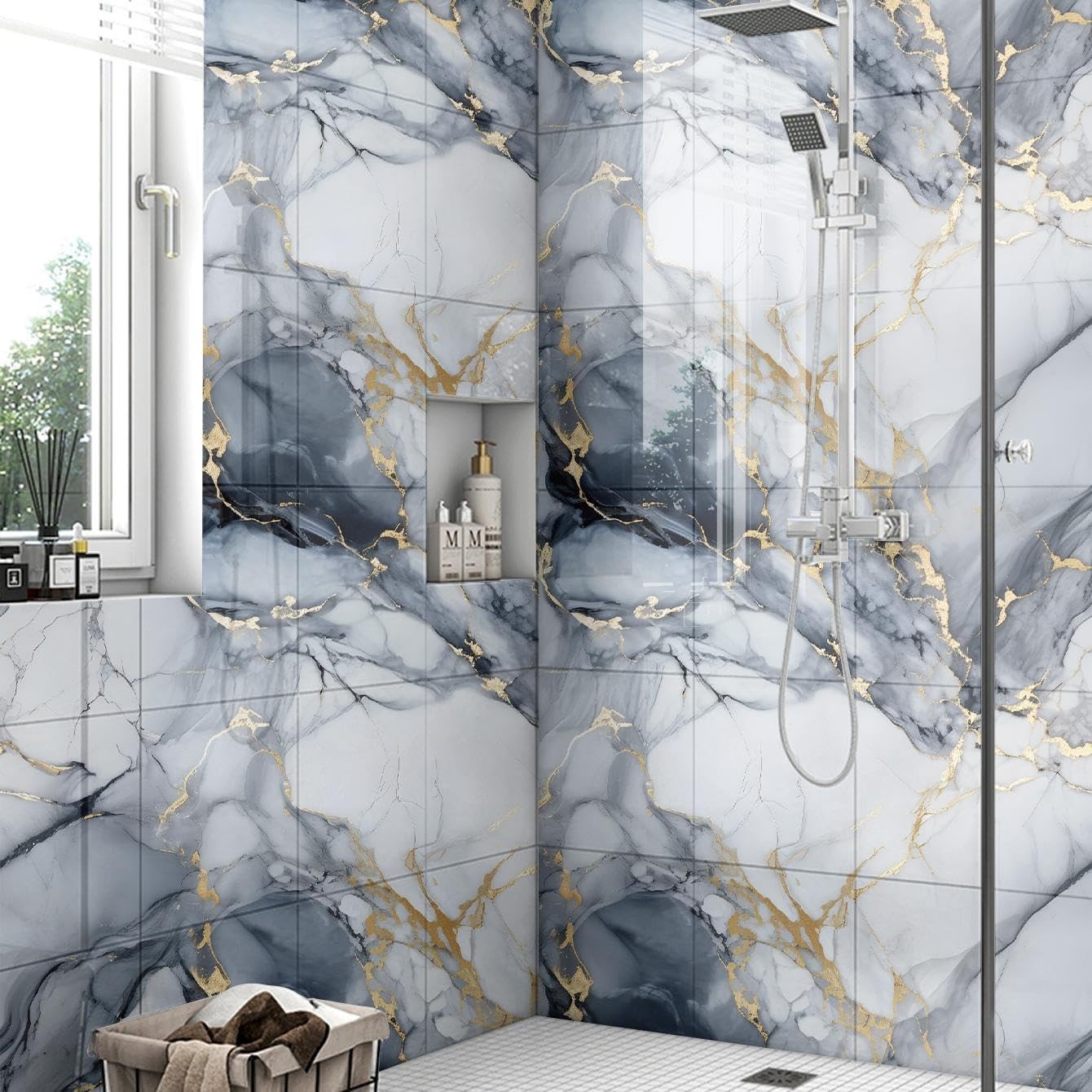 Easy Install 10pcs Blue Gold Marble Peel and Stick Panels – Versatile Home Decor
