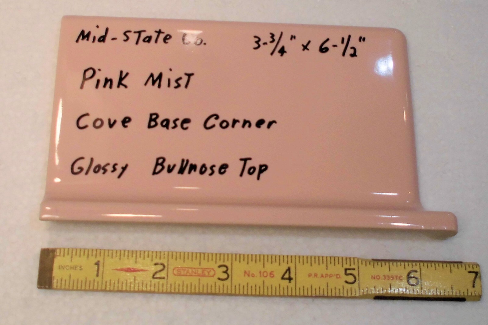 1 pc. *Pink Mist* Finish Corner Bullnose Top cove/base Ceramic Tile 3.75″ X 6.5″