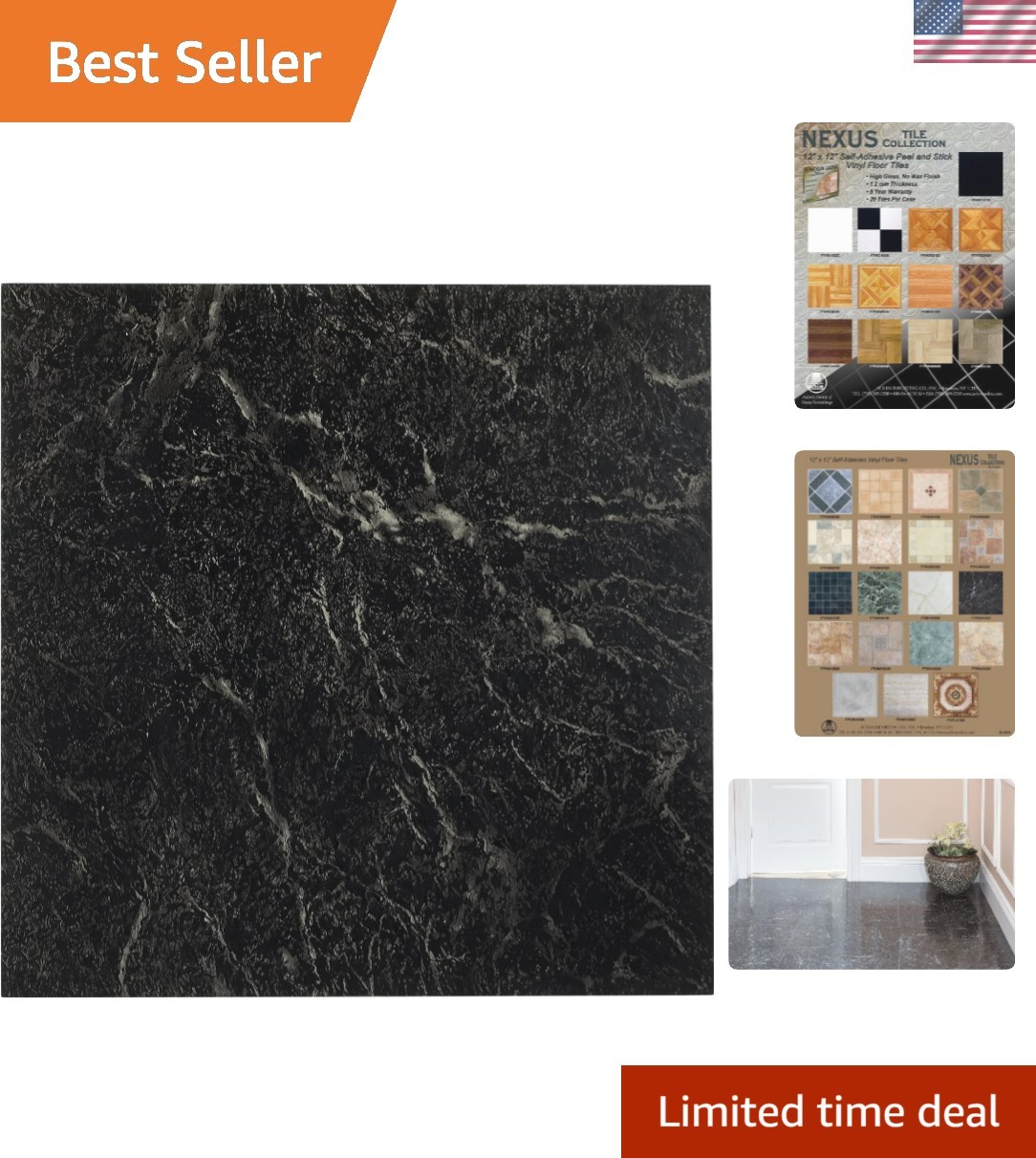 Modern Marble Black and White Vinyl Tiles: 20-Pack, Easy to Install 12″ x 12″