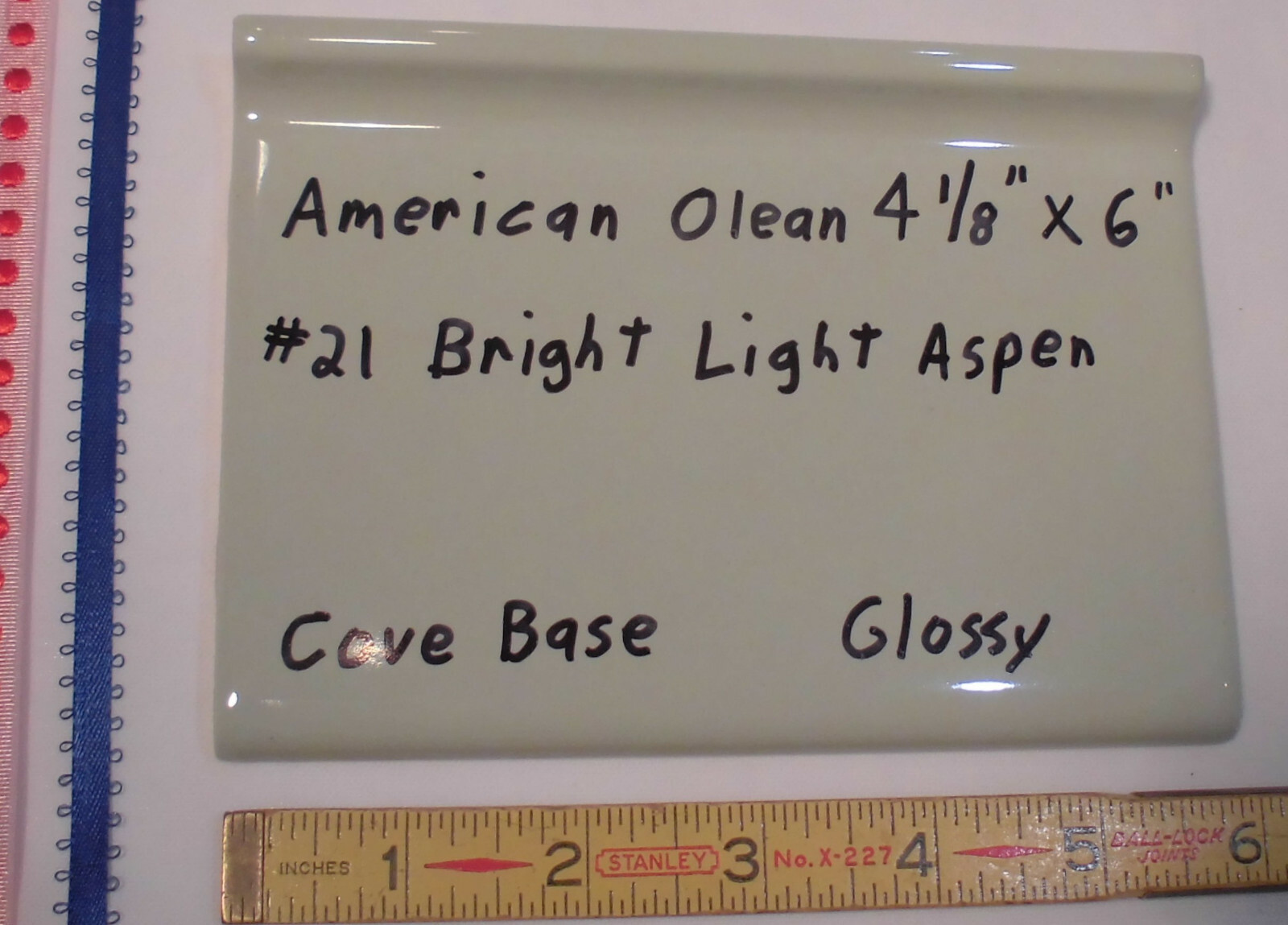 1 pc. Bright Light Aspen-Green; base/cove Ceramic Tile; 4-1/8″ X 6″ by A. O. #21