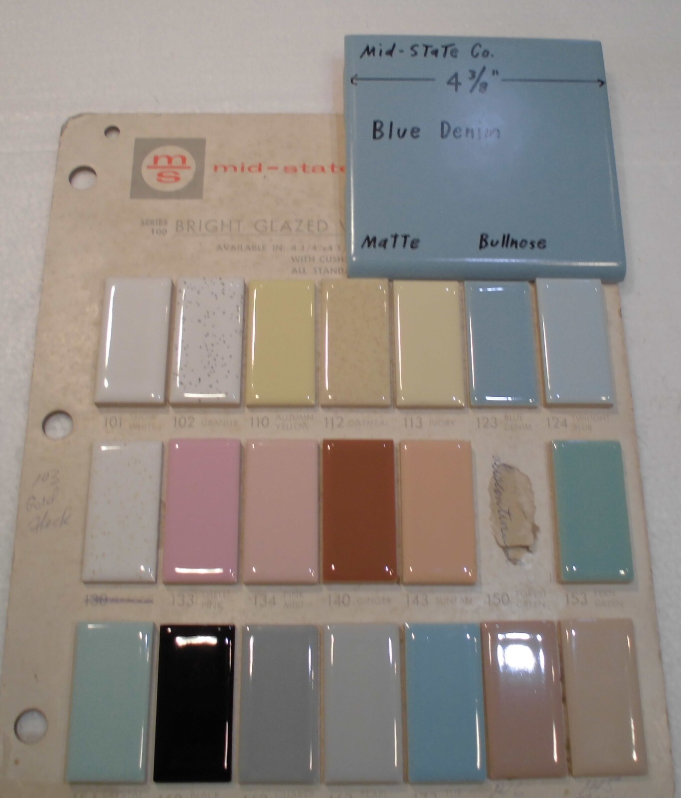 1 pc. Blue Denim: Matte Ceramic Bullnose Tile 4-3/8″ by Mid-State Co. NOS
