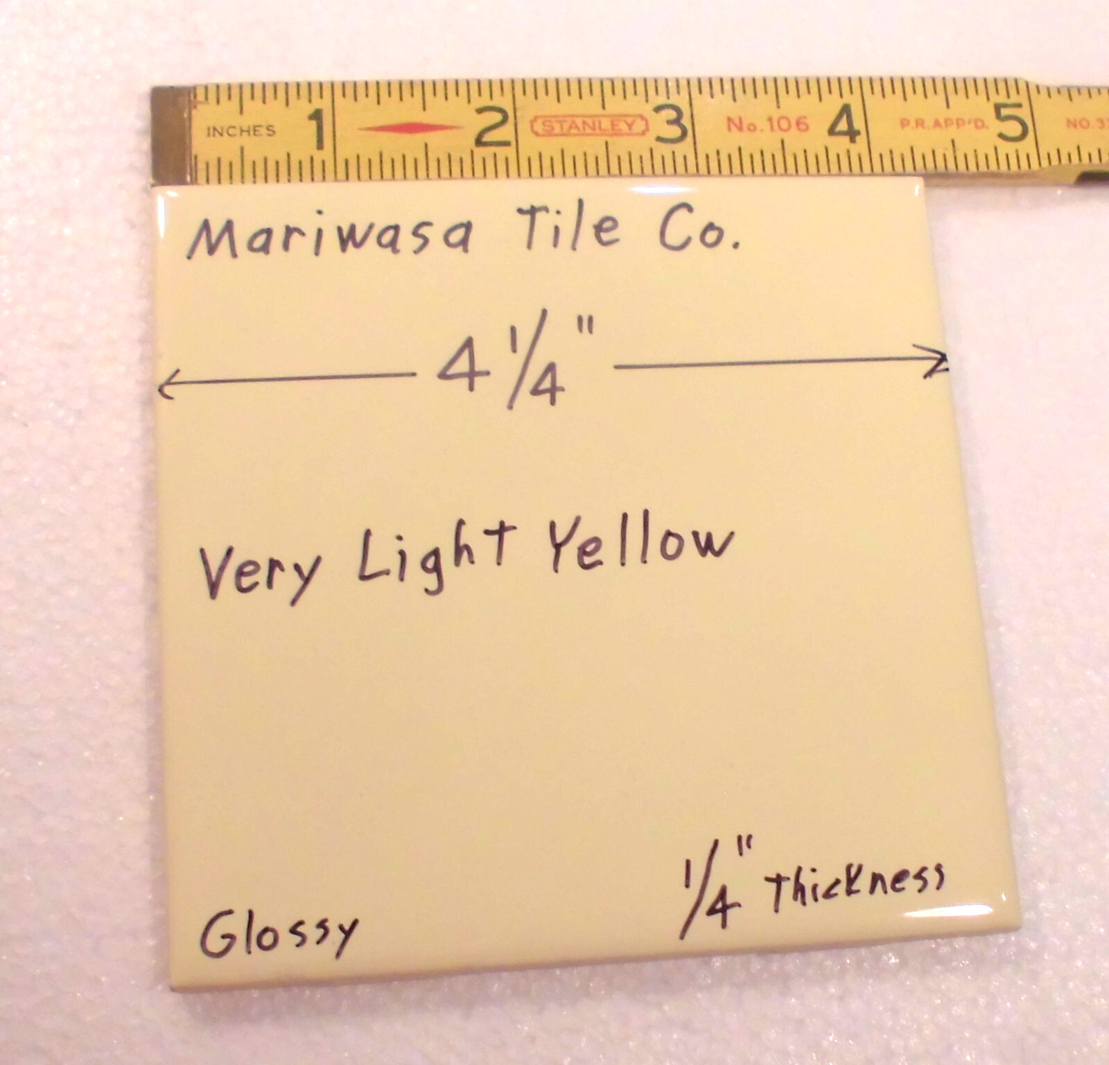1 pc. Very Light Yellow: 4-1/4″ Glossy Ceramic Tile, 1/4″ Thick, by Mariwasa Co.