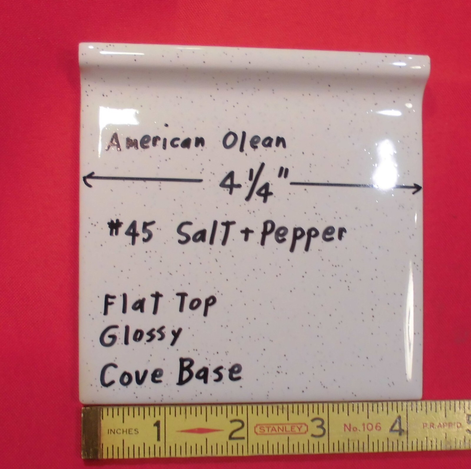 1 pc. Salt & Pepper: stack-on-top Cove/Base Ceramic Tile; 4-1/4″ American Olean