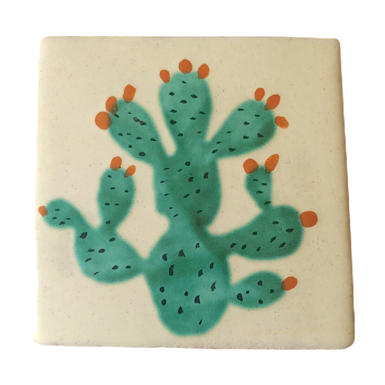 Cactus Handpainted Talavera Terracotta Creamy White Clay Glazed Tiles Mexico 4″