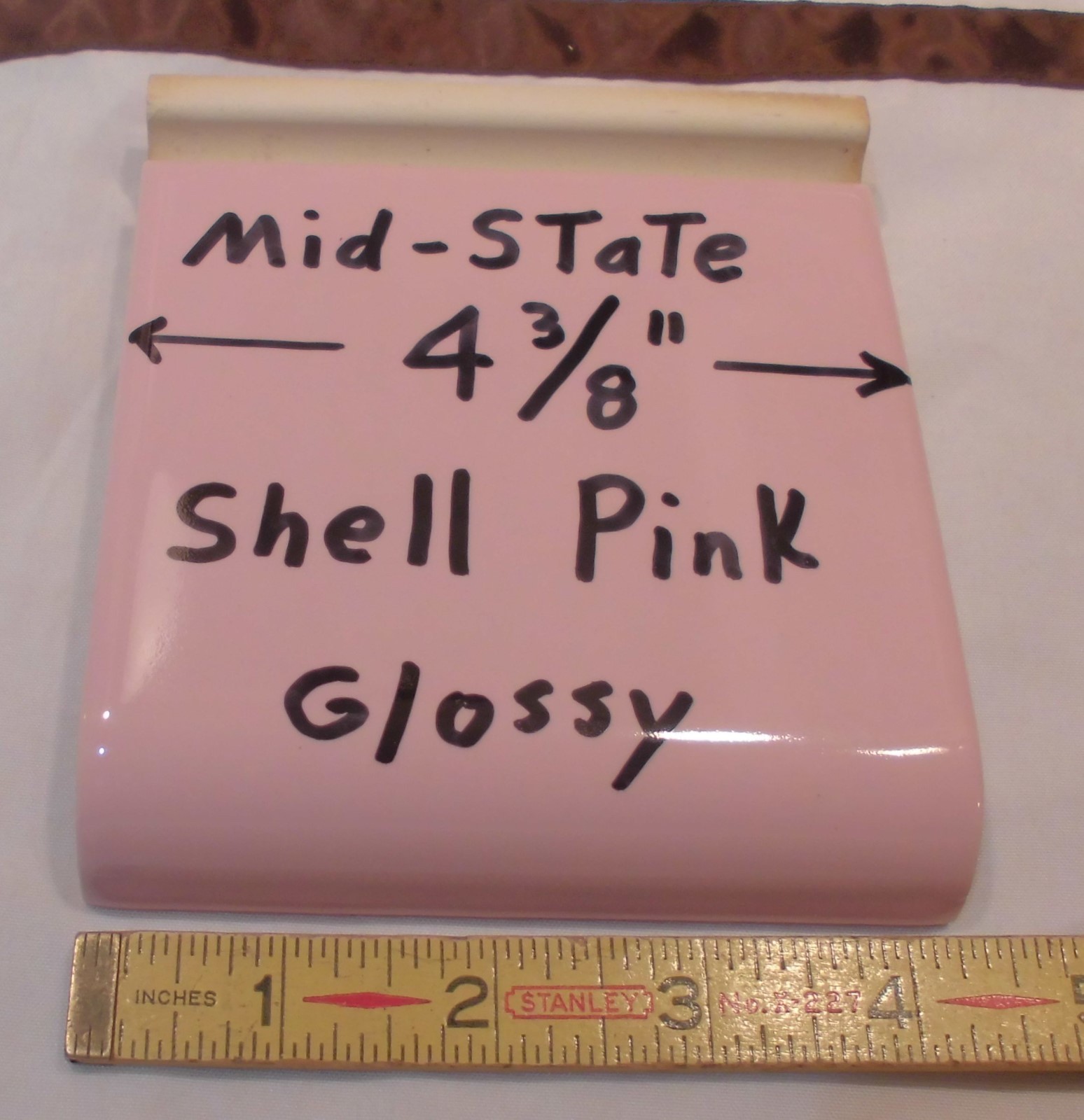 1 Shell Pink Radius Bullnose Ceramic Tile 4-3/8″ by Mid-State: Glossy Mud Caps