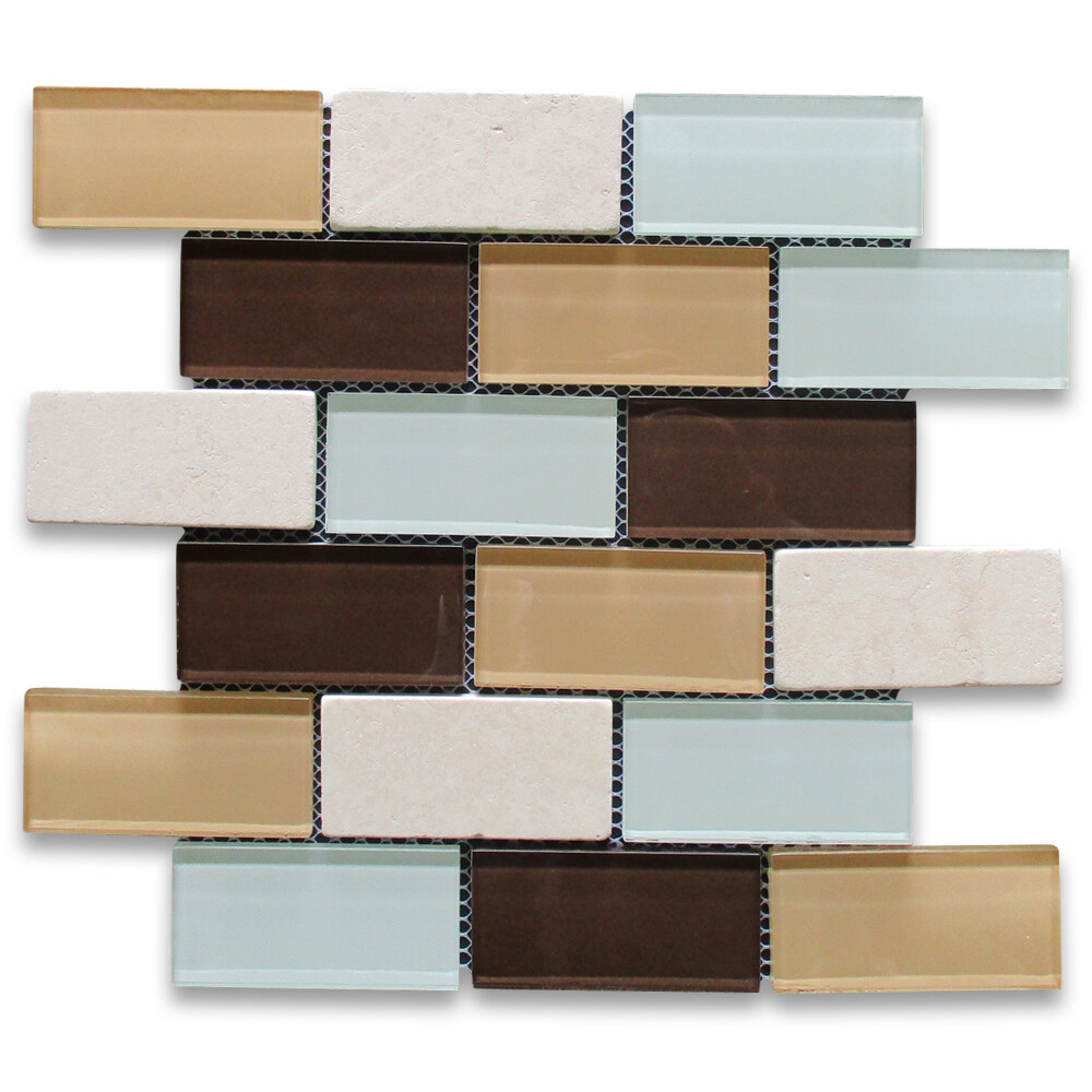 A64002 Glass Mosaic Tile White Brown Yellow Glass Mix Beige Travertine 2×4