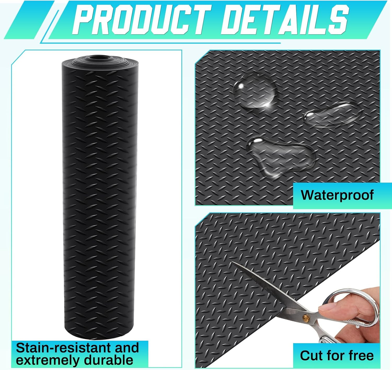 16 in X 32.8 Ft Rubber Flooring Rolls Mats, Heavy Duty Diamond Plate Garage Floo