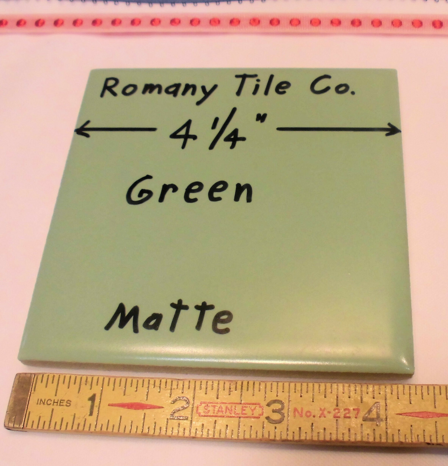 1 pc. Matte Ceramic Tile *Green* by The Romany Tile Co. 4-5/16″ Vintage NOS