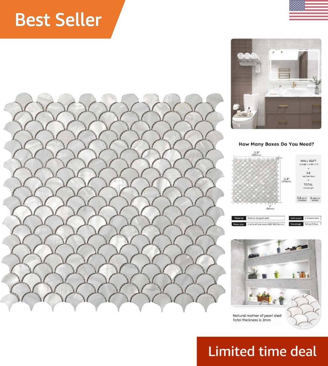 Modern Fish Scale Backsplash Tiles – Pack of 6 Water-Resistant Shell Sheets