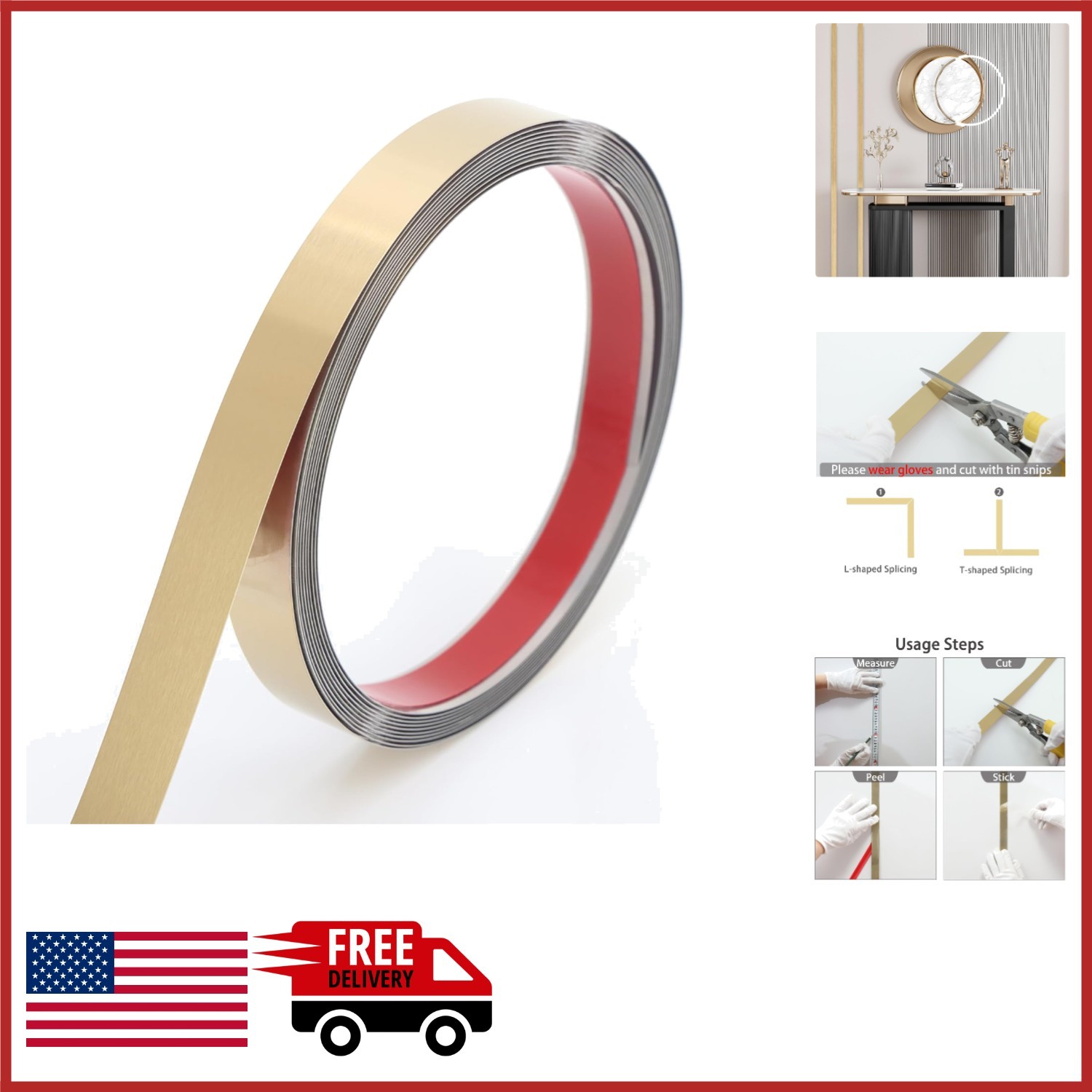 DIY Metal Molding Trim 20ft Brushed Gold Self-Adhesive for Easy Installation