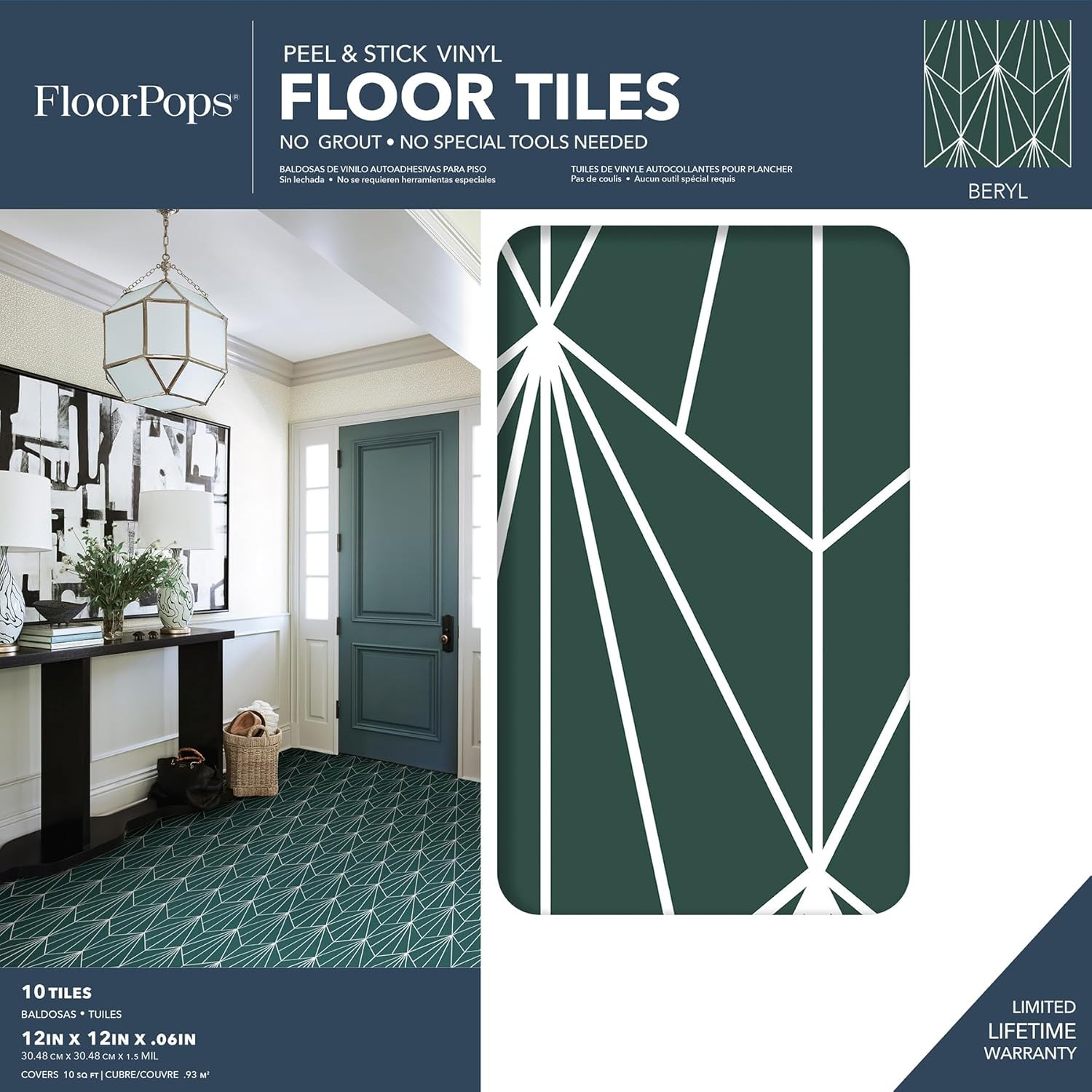 FP3926 Beryl Peel & Stick Floor Tiles Green Emerald 12″L X 12″W X 0.06″T