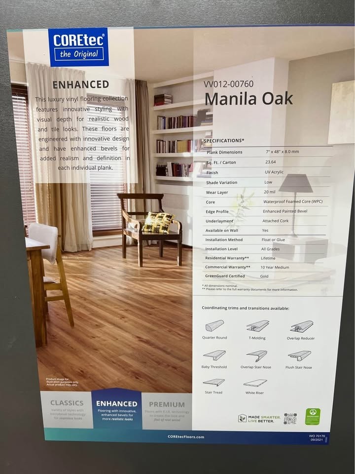 Premium Coretec Enhanced LVP 8mm thick 20 Mil Wear Layer in Color Manilla Oak