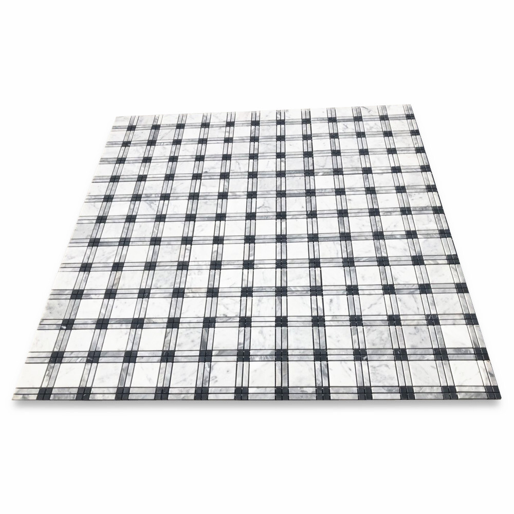 C261XH Carrara White Black Gray Marble Plaid Tartan Wall Floor Tile Matte