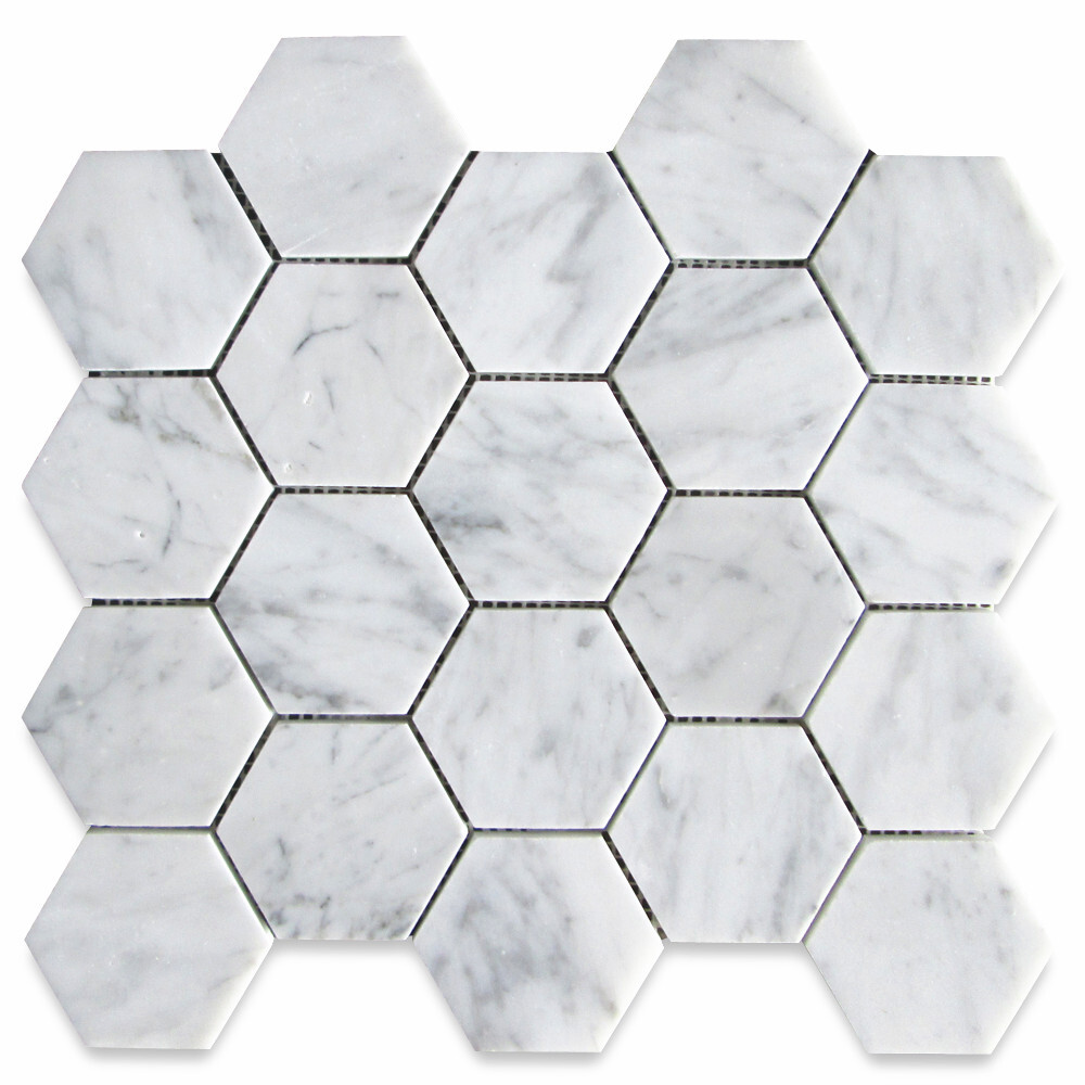 C33XP Carrara White Venato Marble 3″ Hexagon Mosaic Wall Floor Tile Polished