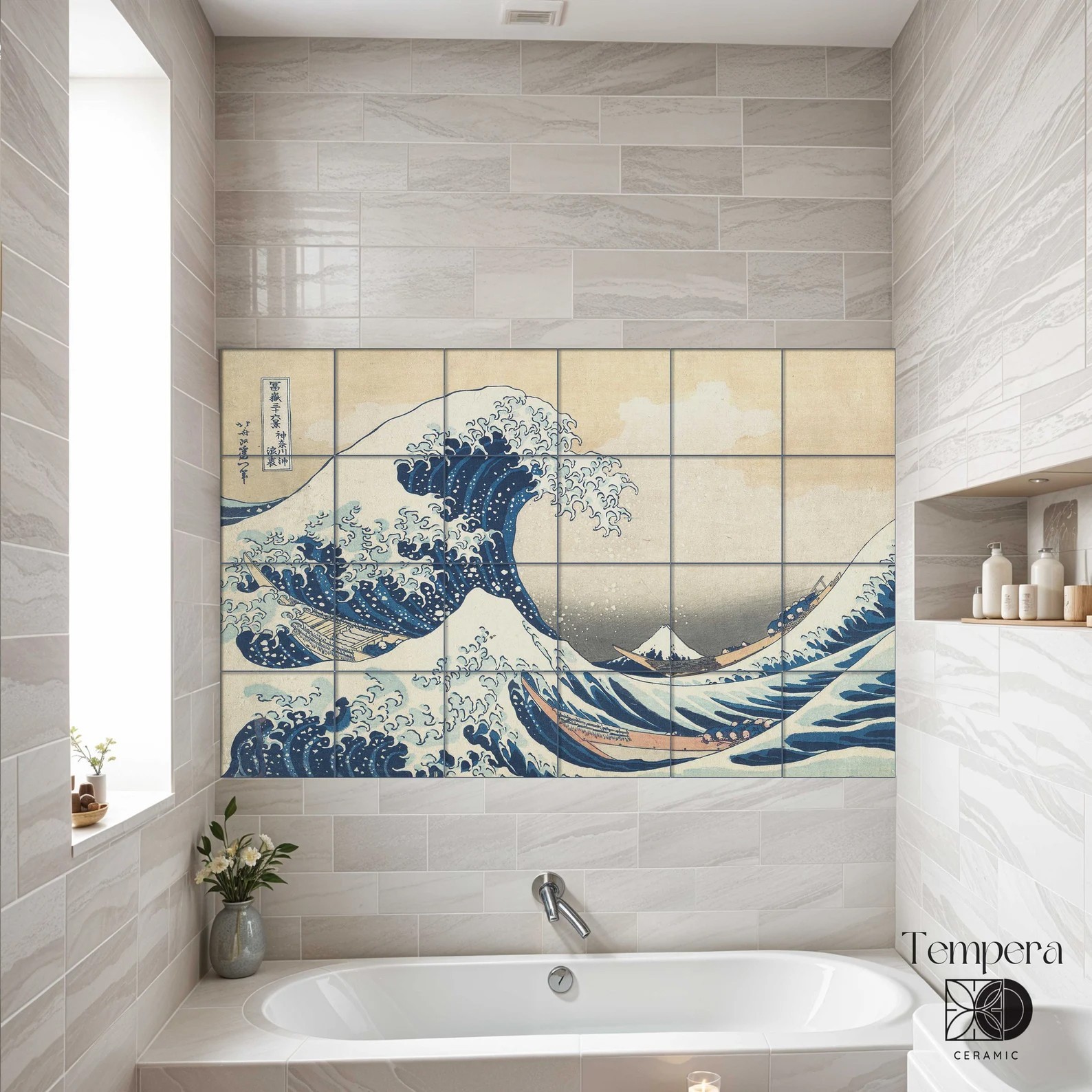 Hokusai Great Wave Tiles Mural, Japanese Bathroom Art, Kitchen Decor backsplash