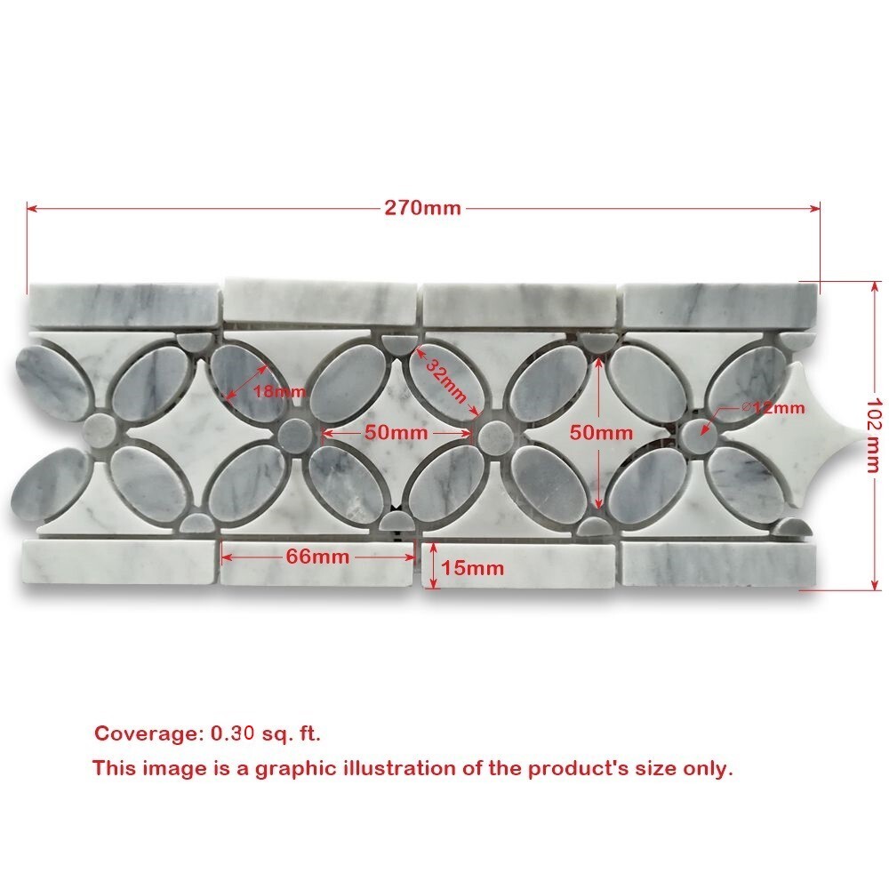 C9C7BXP White Carrara Venato Marble Flower Mosaic Border Tile Gray Polished
