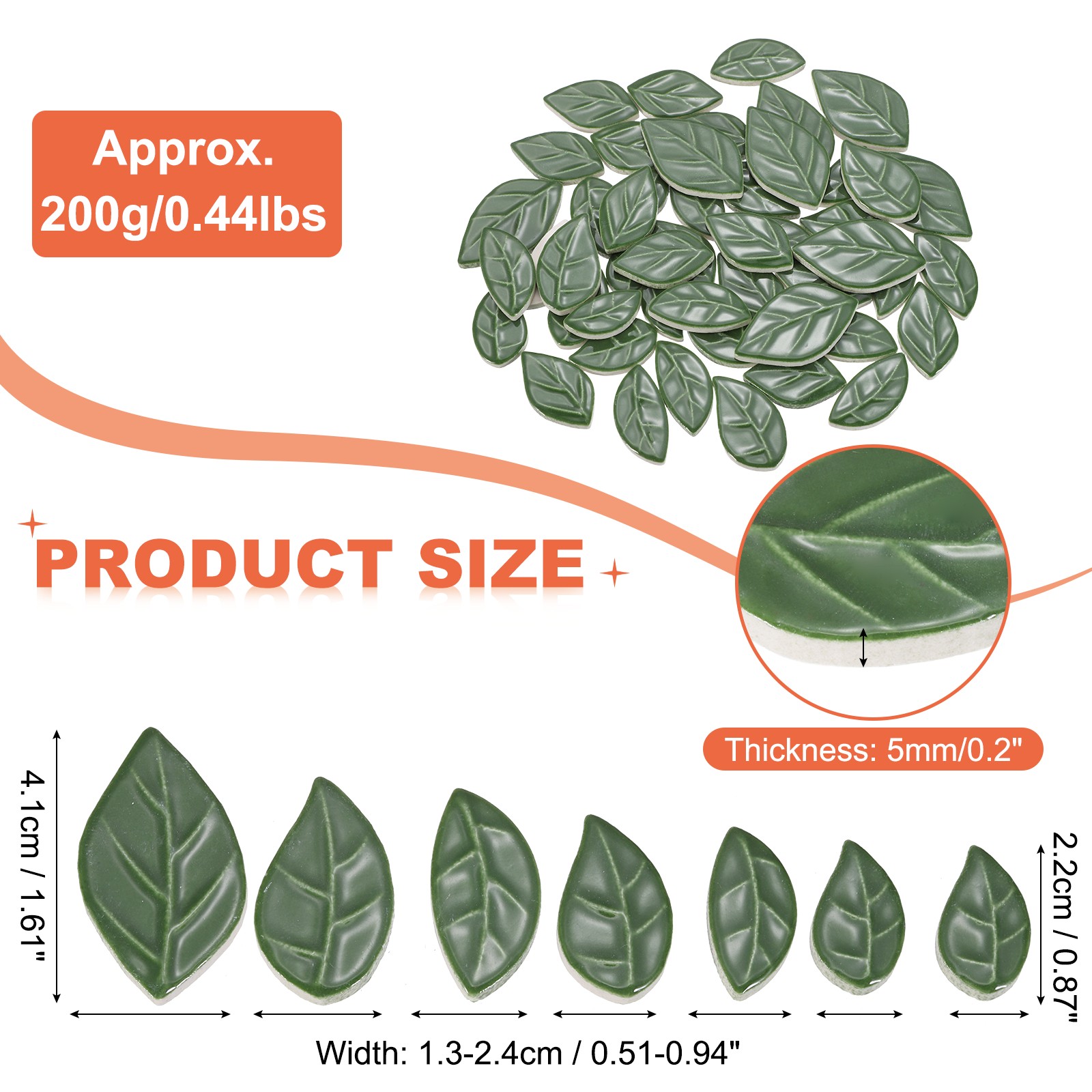 0.44LB Leaves Ceramic Mosaic Tiles for Crafts Bulk for Home Decor Green
