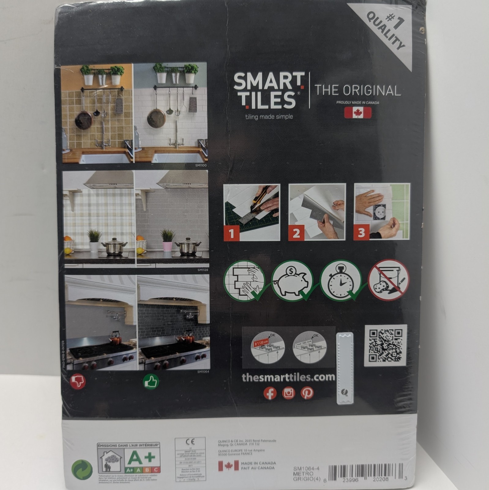 Smart Tiles Vinyl Adhesive Wall Tile 1 Pack of 4 Metro Grigio SM1064-4 (Gray)