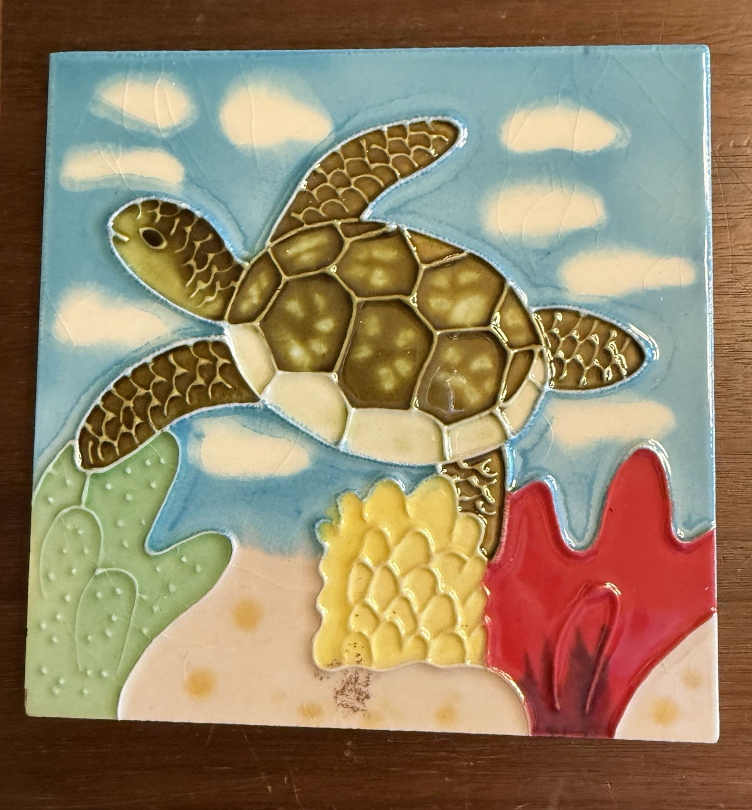 Sea Turtle Swimming in Coral Seaweed Coastal 6 X 6 Square Ceramic Tile Scene
