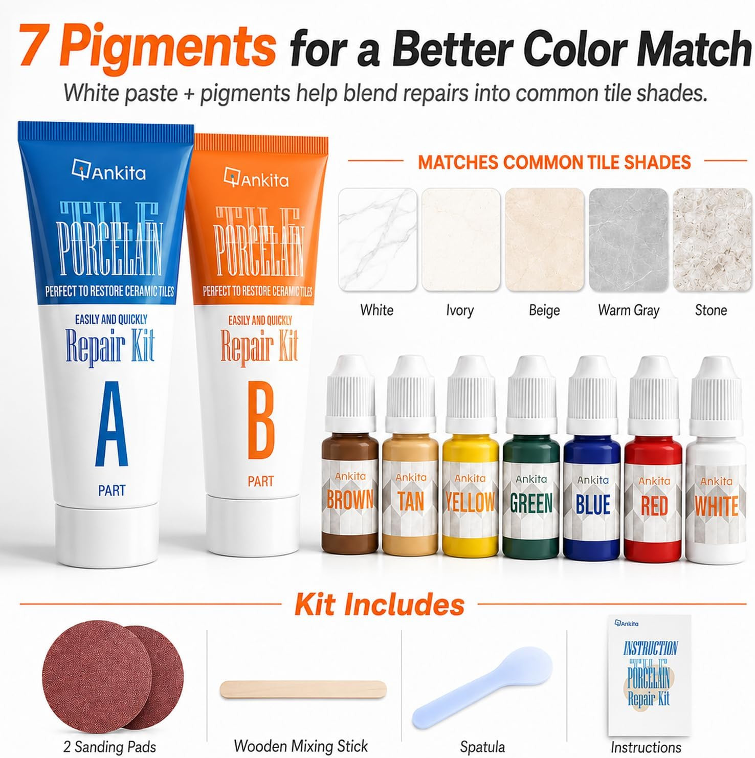 Tile Repair (Color Match), Ceramic & Porcelain Epoxy Putty for Floor | for Chip