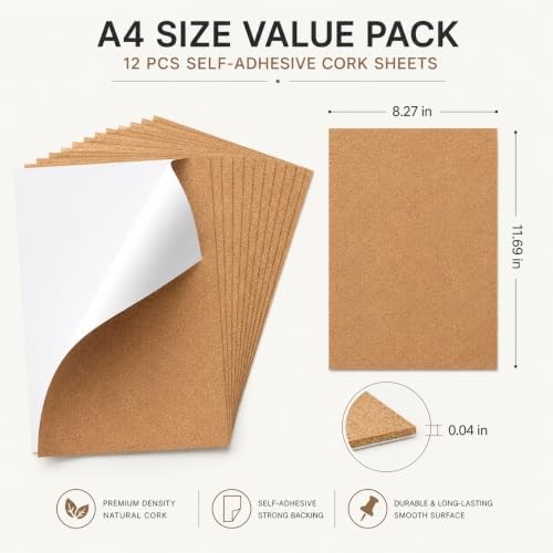 12PCS Mini Wall Cork Board, A4 Size Cork Board with Adhesive Backing, Adhesive