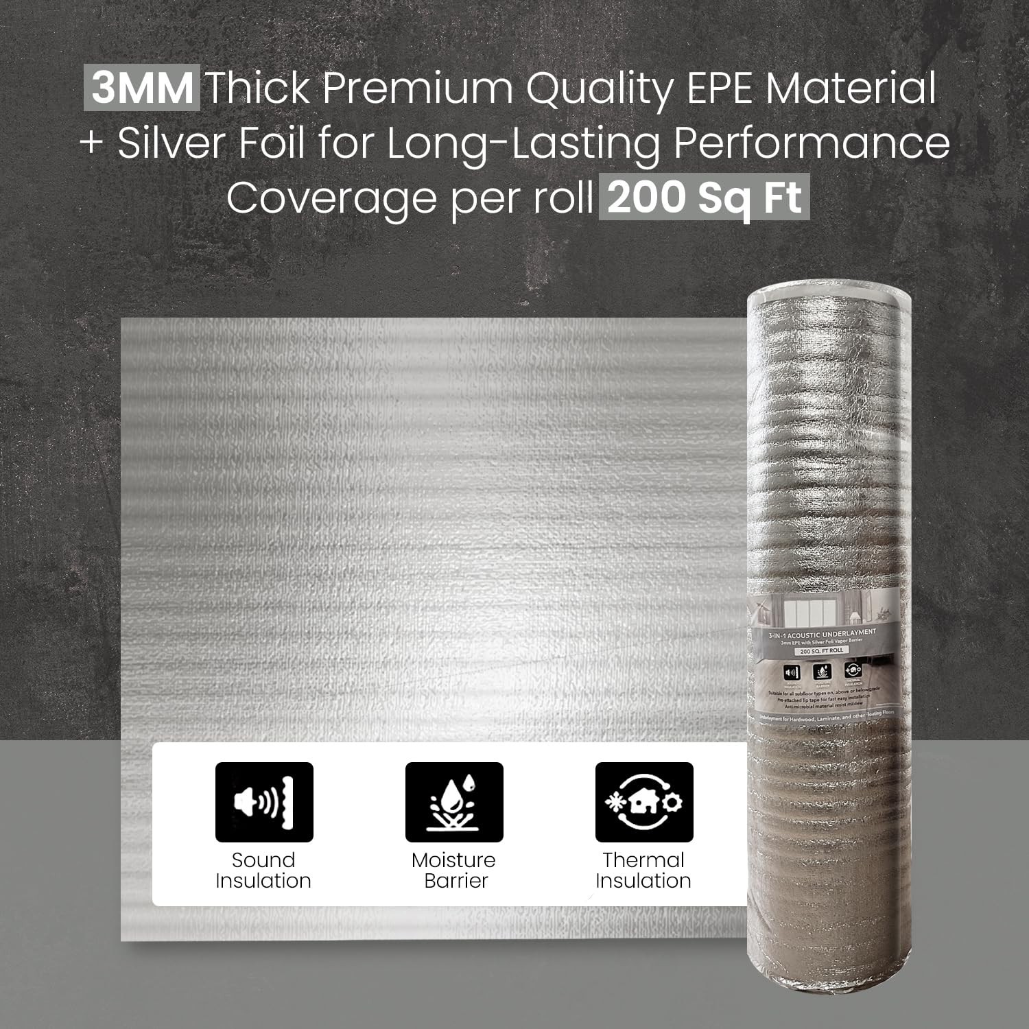 3-in-1 Acoustic Premium Floor Underlayment – 200 sqft Roll – 3mm Thick EPE wi…