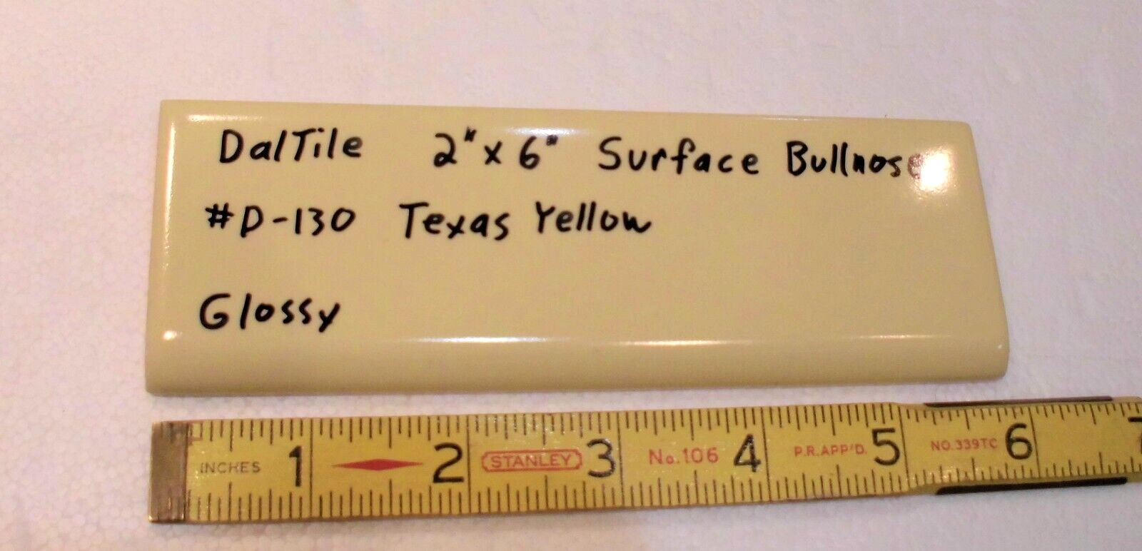 1 pc. Texas Yellow: Glossy Ceramic Bullnose Flat Trim Tile by Daltile in 1970’s