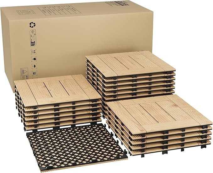 22 PCS Solid Acacia Wood Interlocking Deck Tiles 12″x12″ Patio Garden Floor 21SQ