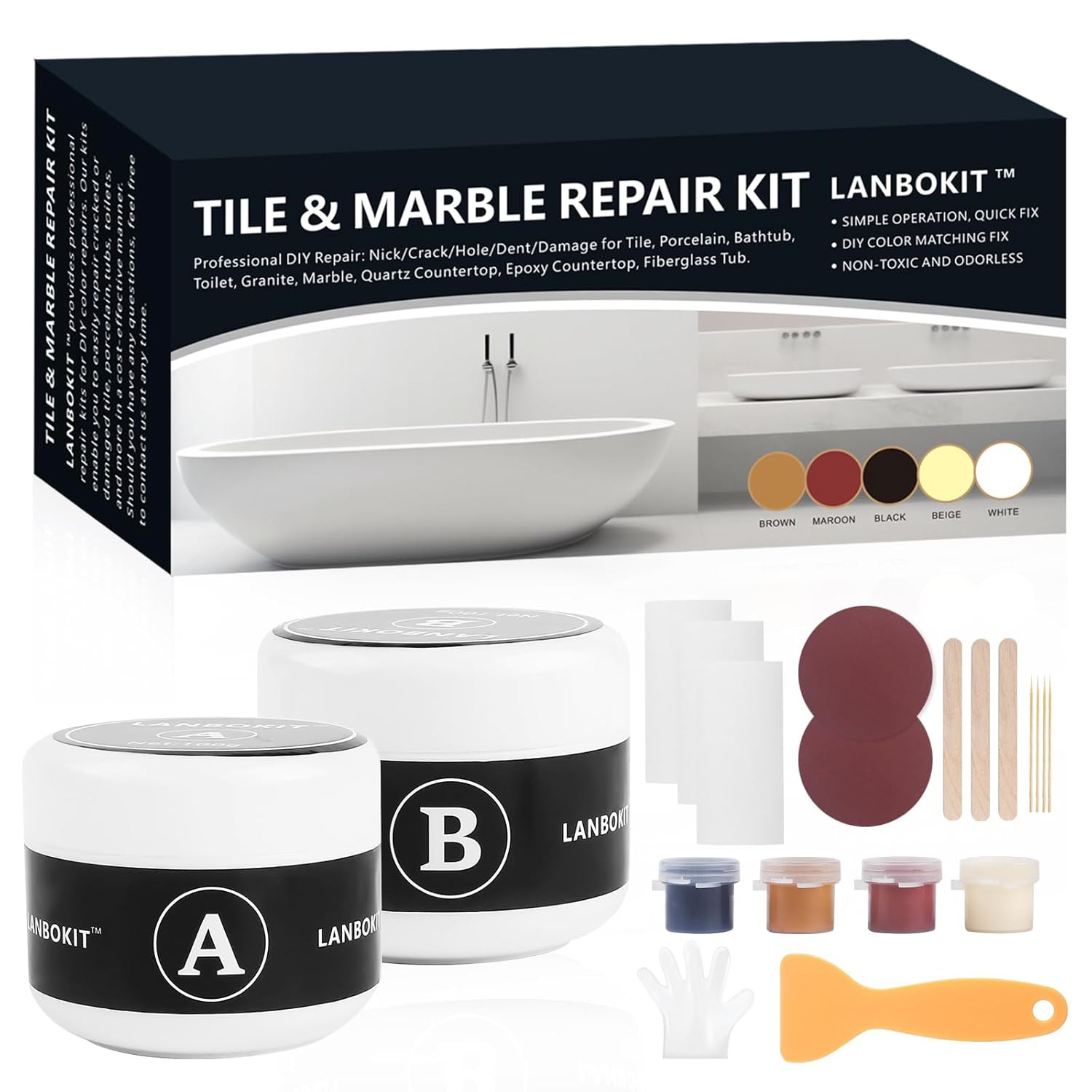 Tile, Granite and Marble Repair Kit(Color Match), 3.7 OZ Tub and Fiberglass S…