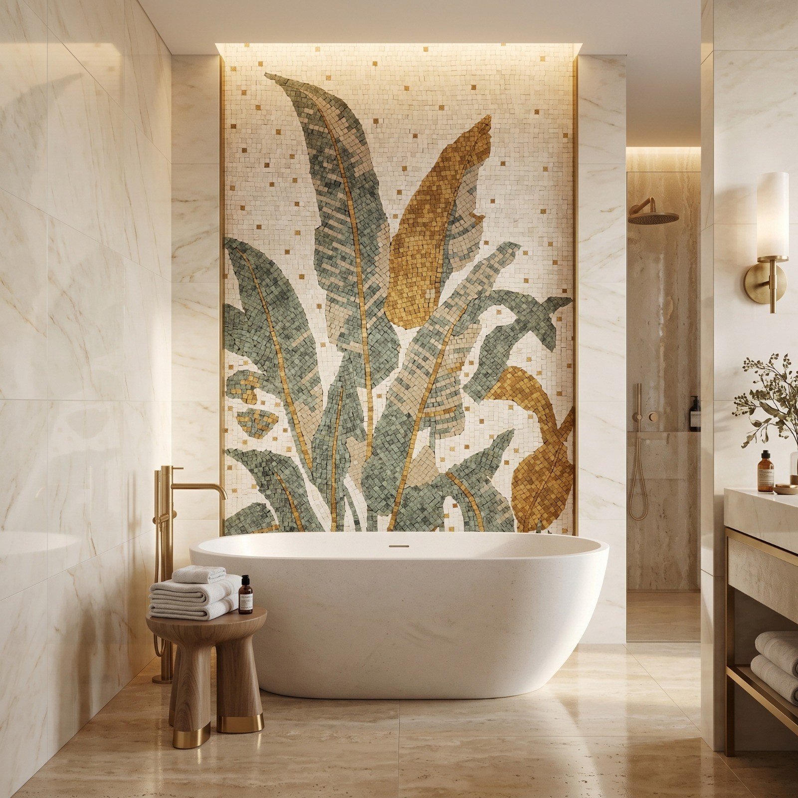 Tropical Banana Leaf Marble Mosaic Wall Art, Botanical Stone Inlay Panel