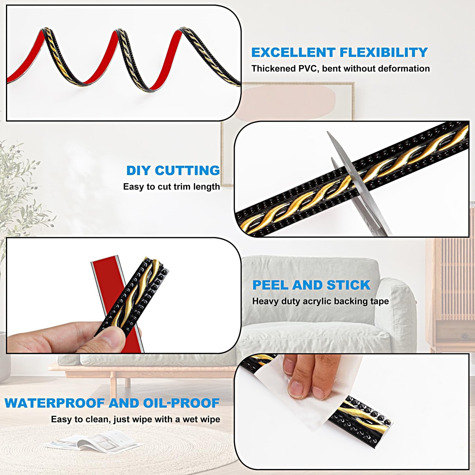 JUNART PVC Moldings Trim, 300cm×2cm, Peel and Stick Self-Adhesive, Coving f