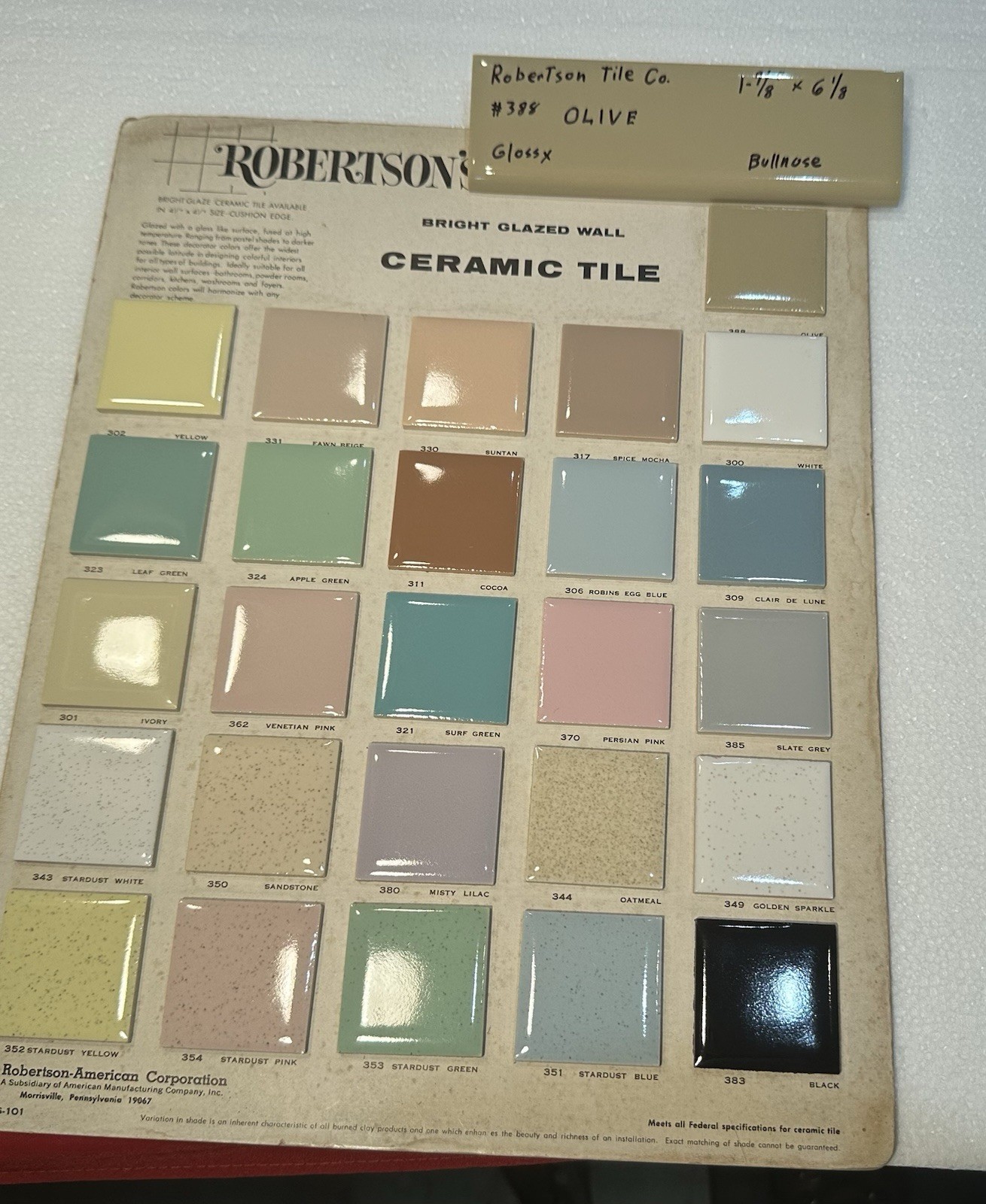 1 pc. Olive – Green: 2” X 6” Glossy Bullnose Ceramic Tile by Robertson, NOS