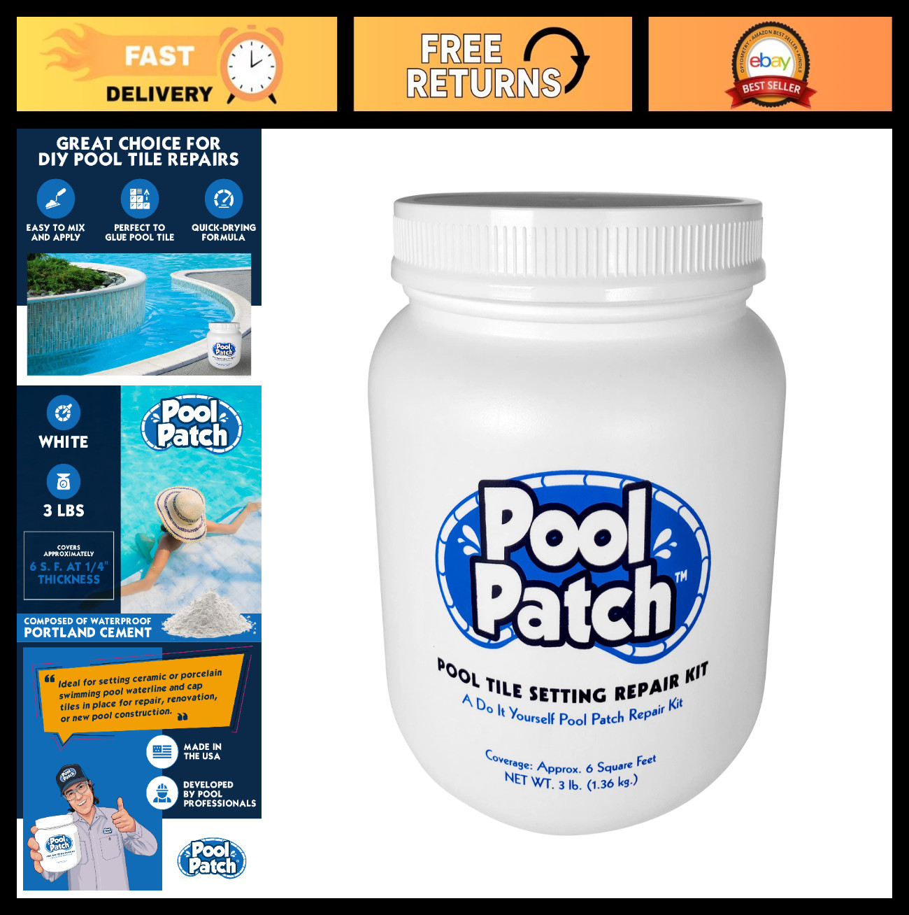 Pool Tile Adhesive Repair Kit 3 lb – Easy Mix Thinset, Quick-Dry, Strong Bond, 6