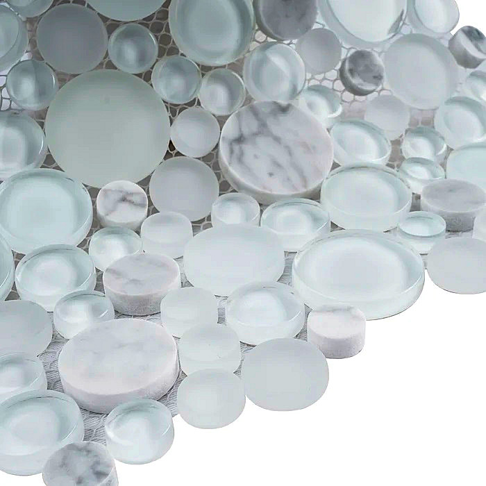 BUBW-02 White Glass And Carrara Bubble Mosaic Tile, 10-1/2″ x 10-1/2″ x 8mm, NEW