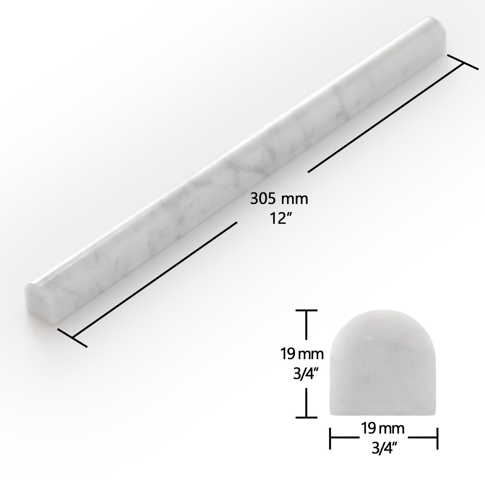 10-Pack Carrara White Marble Pencil Liner Tile Trim, 3/4”x12 Honed Natural Ston