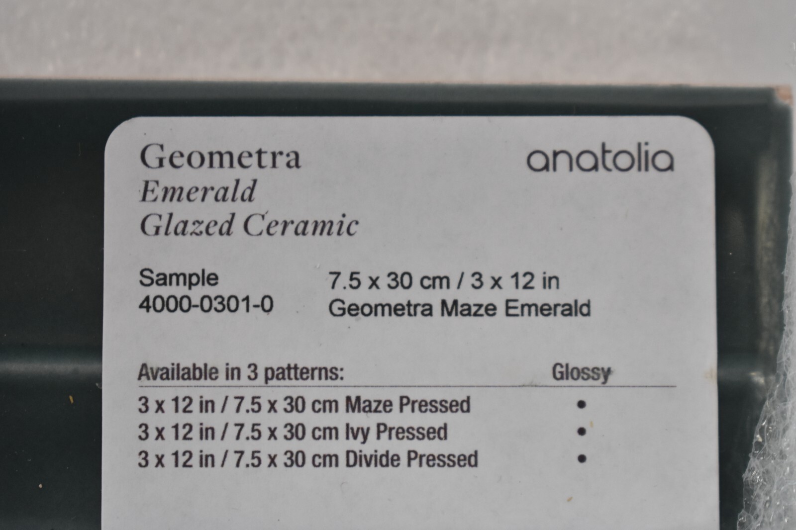 Lot of 8 Anatolia Geometra Glazed Ceramic Tiles Samples 3″ x 12″ Emerald Green