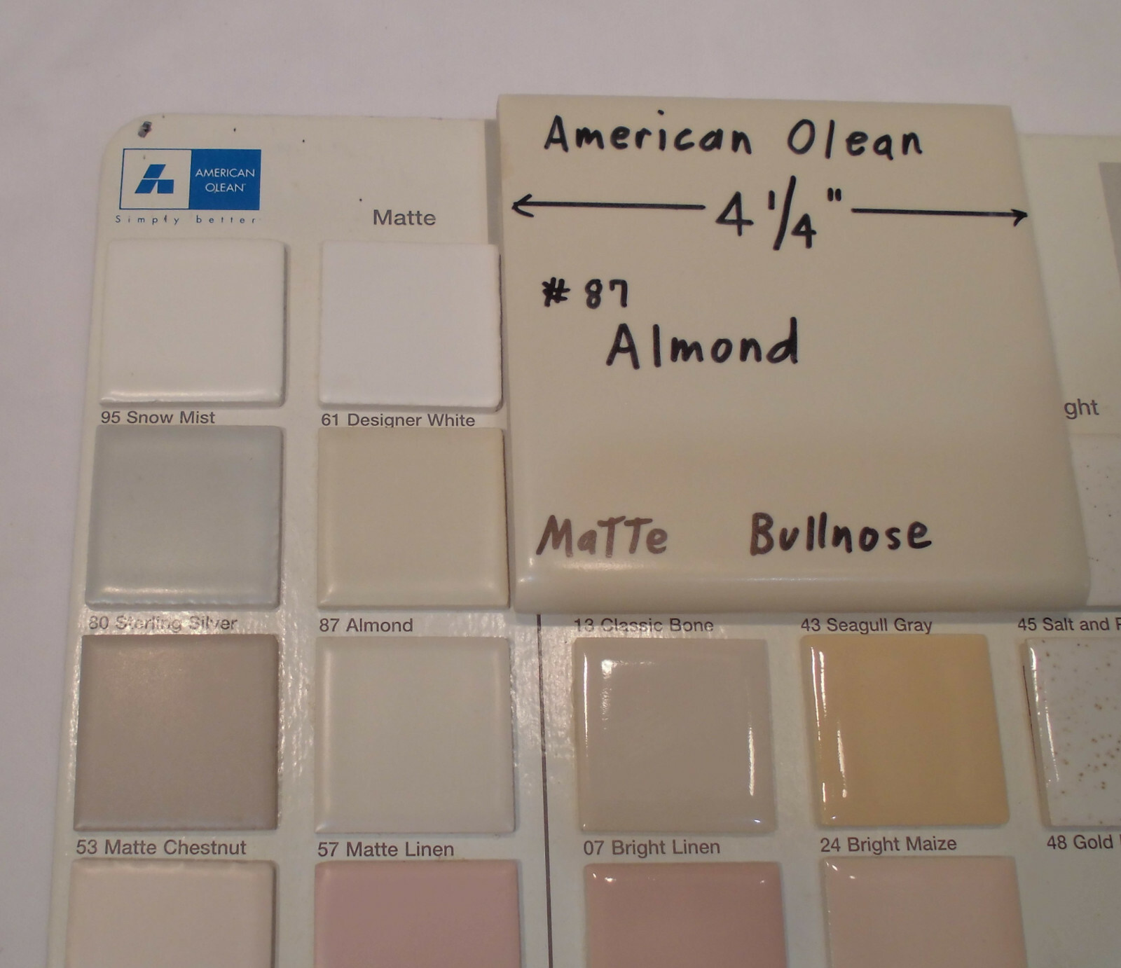 1 pc. *Matte Almond #87* Ceramic Tile Bullnose by American Olean 4-1/4″ New